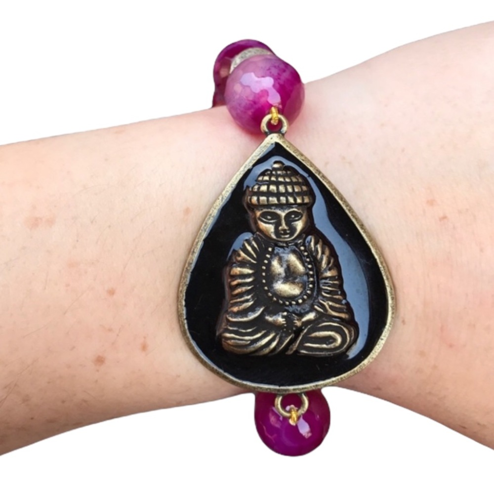 Pink agate Buddha Beaded stretch Bracelet